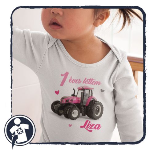 Rózsaszín traktoros szülinapi bababody/póló névvel