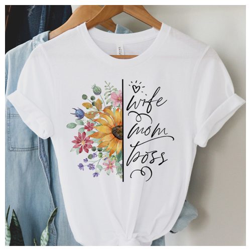 Wife Mom Boss - feliratos női póló tavaszi virágokkal 