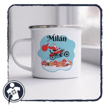   Motoros Mikulás - karácsonyi zománcozott retro fém bögre