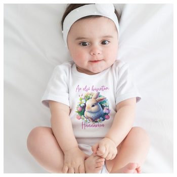   Cuki "plüss"nyuszi tavaszi virágkoszorúban - Első húsvétom body / gy. póló - saját névvel 