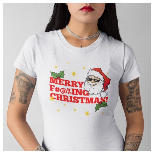 Karácsonyi káromkodós Mikulás aranyfoggal és napszemcsivel - mintájú női póló 