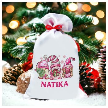 Mikulás zsák névre szóló / cuki rózsaszín manók