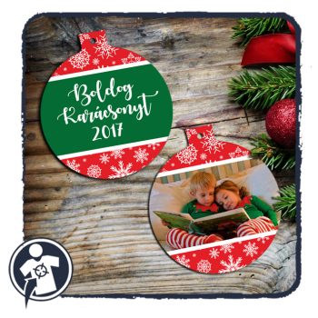 Egyedi fényképes karácsonyfadísz – kerek, fém, kétoldalas nyomtatás – saját fotóval és névvel