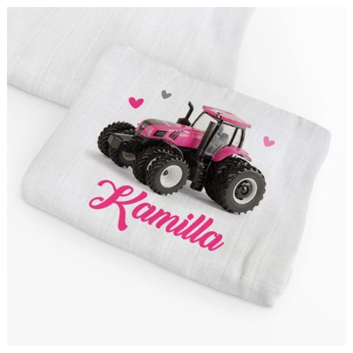 Egyedi textilpelenka - Rózsaszín traktor névvel