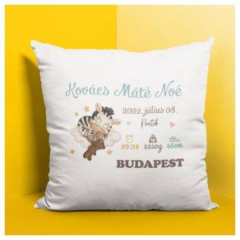   Emlékörző párna zebra mintával, névvel, születési adatokkal - fiús