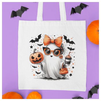   Cuki napszemcsis szellem sütőtökkel kávéval - vászonszatyor Halloweenre