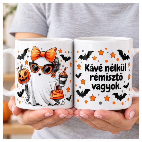 Kávé nélkül rémisztő vagyok Halloween bögre két oldala, napszemüveges szellemmel és magyar felirattal